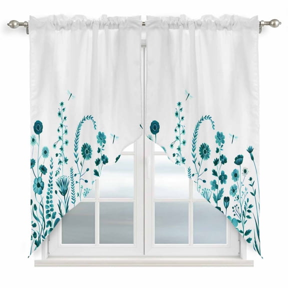 Teal Spring Floral Swag Curtains for Kitchen/Bedroom/Living Room, Watercolor Flowers Elegant Pastoral Scalloped Curtains 63 Inch Long, Window Swag Topper Curtains Valances 2 Panels Set 36"x63"