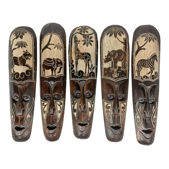 Zeckos Hand Carved Wood African Animal Wall Décor Masks Set of 5