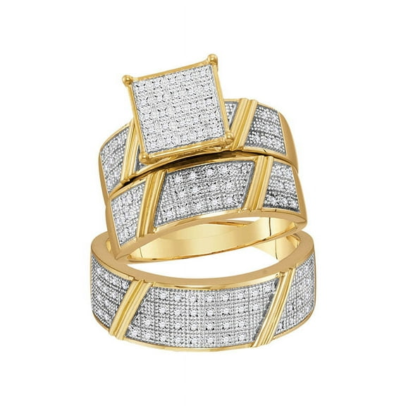 10kt Yellow Gold His & Hers Round Diamond Cluster Matching Bridal Wedding Ring Band Set 1/3 Cttw