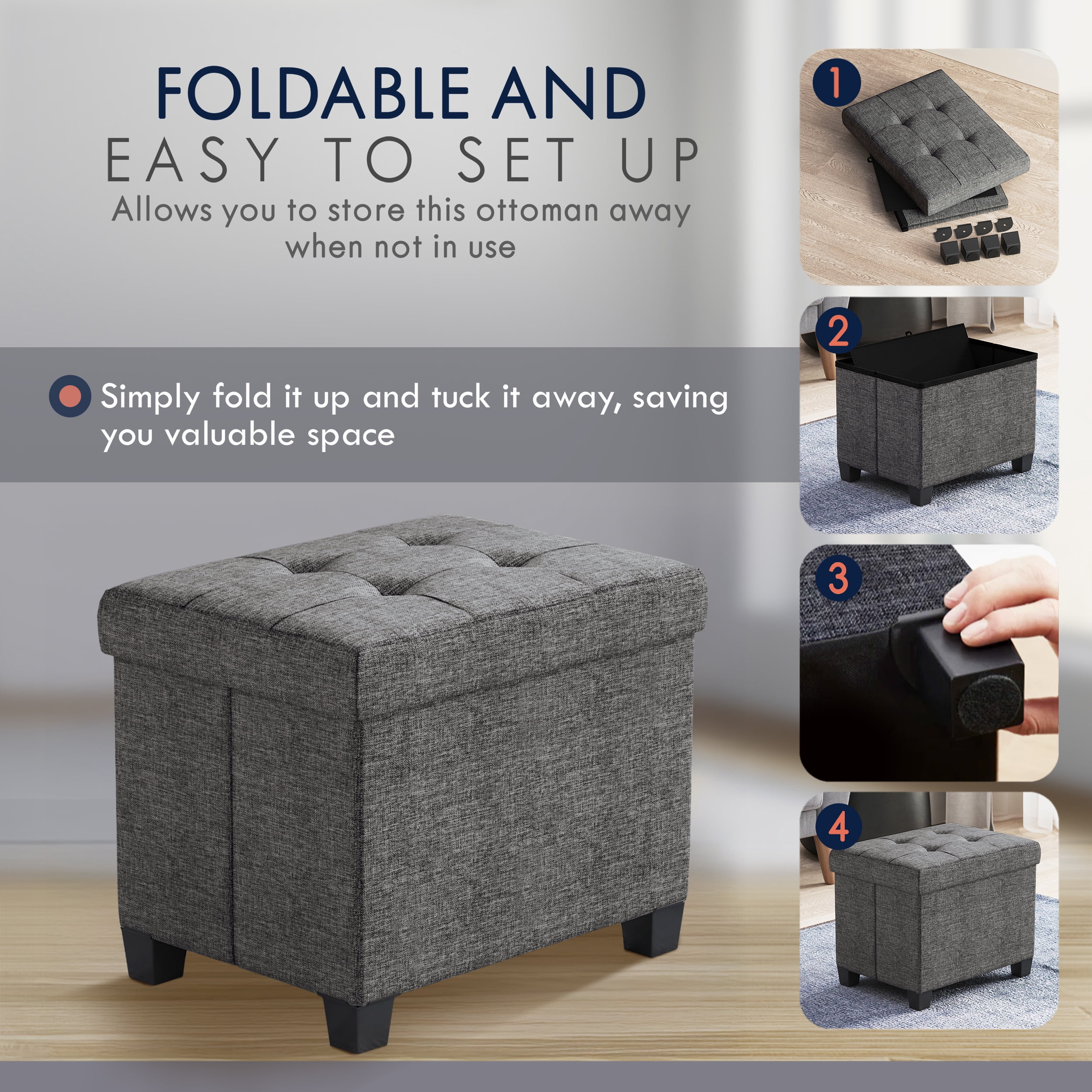Ornavo Home Storage Ottoman Small Rectangle Ottoman with Legs, Foot Rest Stool Seat, Load up to 600 LB, for Living Room, Bedroom, Home Office, Dorm - 12 x 16 x 12, Dark Gray