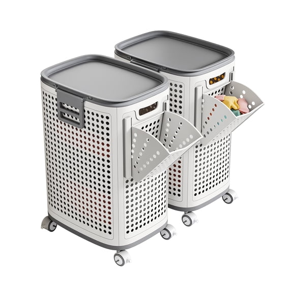 Joybos Wheeled Hamper, Plastic Laundry Hamper with Handle and Wheels for Easy Transport, White