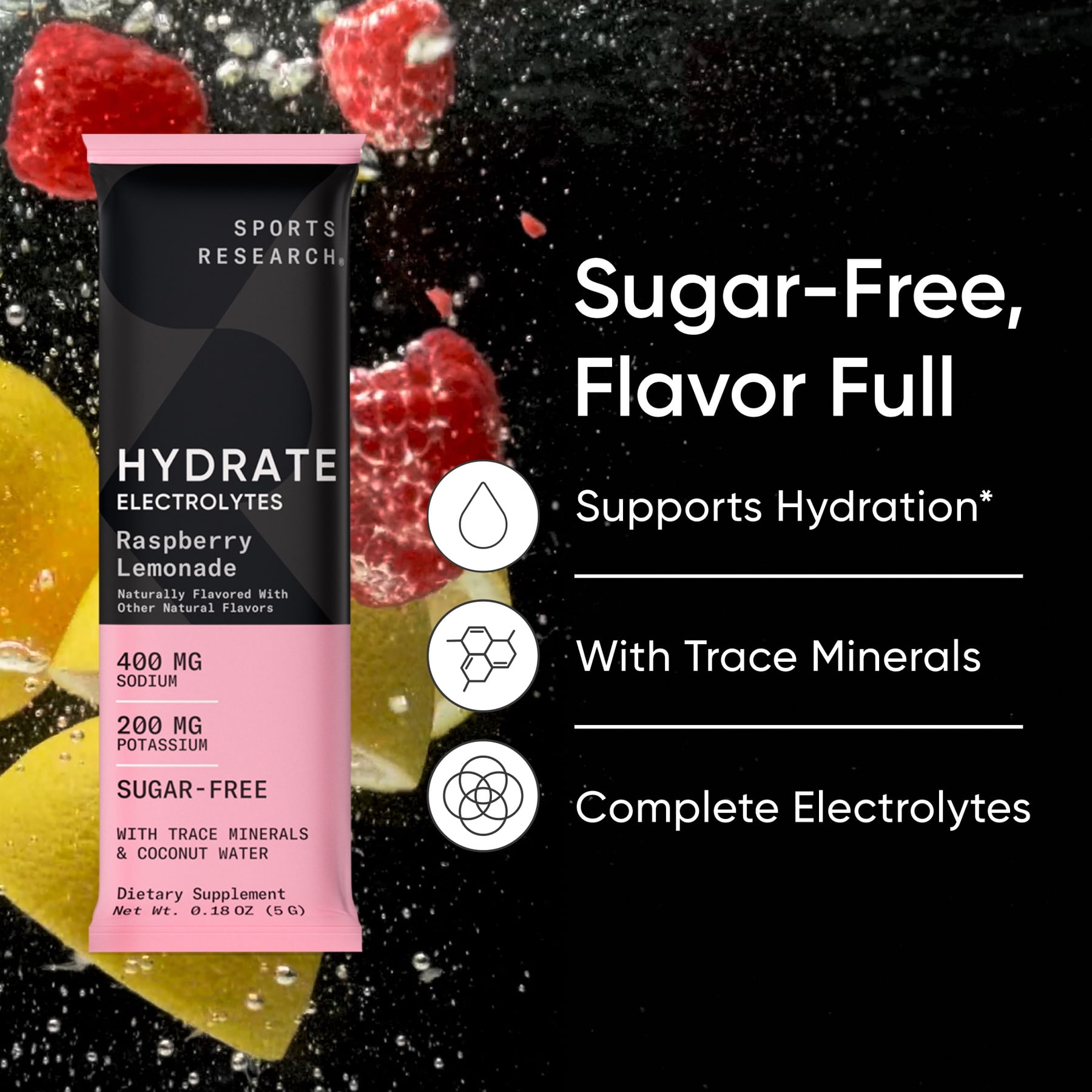 Sports Research® Electrolyte Powder Packets Raspberry Lemonade Flavor Hydration & Recovery Boost (16 Packets)