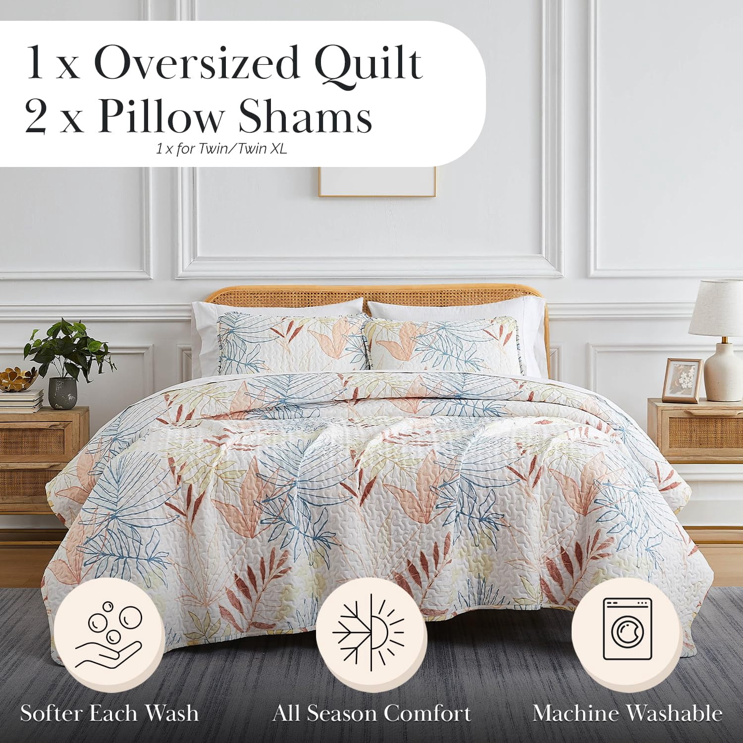 Southshore Fine Living, Inc. Tropic Leaf Collection, Oversized Quilts For King Bed, Lightweight Coverlet, All Season Quilt Set and 2 Quilted Pillow Shams, California/King Quilts, Cream