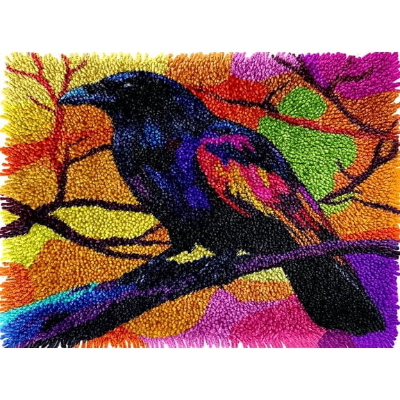 Black Raven Stand on Tree Colorful Latch Hook Rug kits Pre-printed Crochet Yarn DIY Hooking Latch Kit Carpet Rug Cover Mat for Christmas Chair Cushion Floor Decor 60x40cm(3)