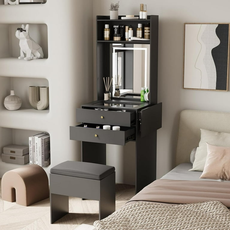 Small Vanity Desk Set with 3 Adjustable Lighted Mirror and Storage Chair  Mini Black Makeup Vanities Set for Bedroom Compact Make up Dressing Table  with Fold-up Panel for Tiny Space - Walmart.com