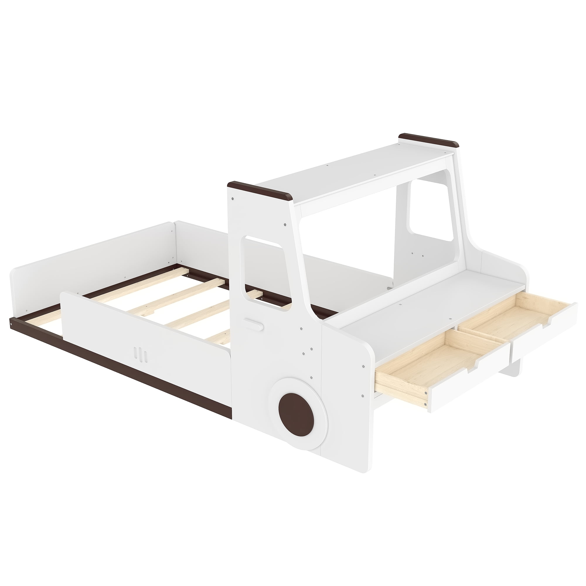 Kids Floor Bed, Twin Size Car-Shaped Floor Bed with Built-in Storage Drawers and Study Desk, Playful Design for Kids Room, White Finish
