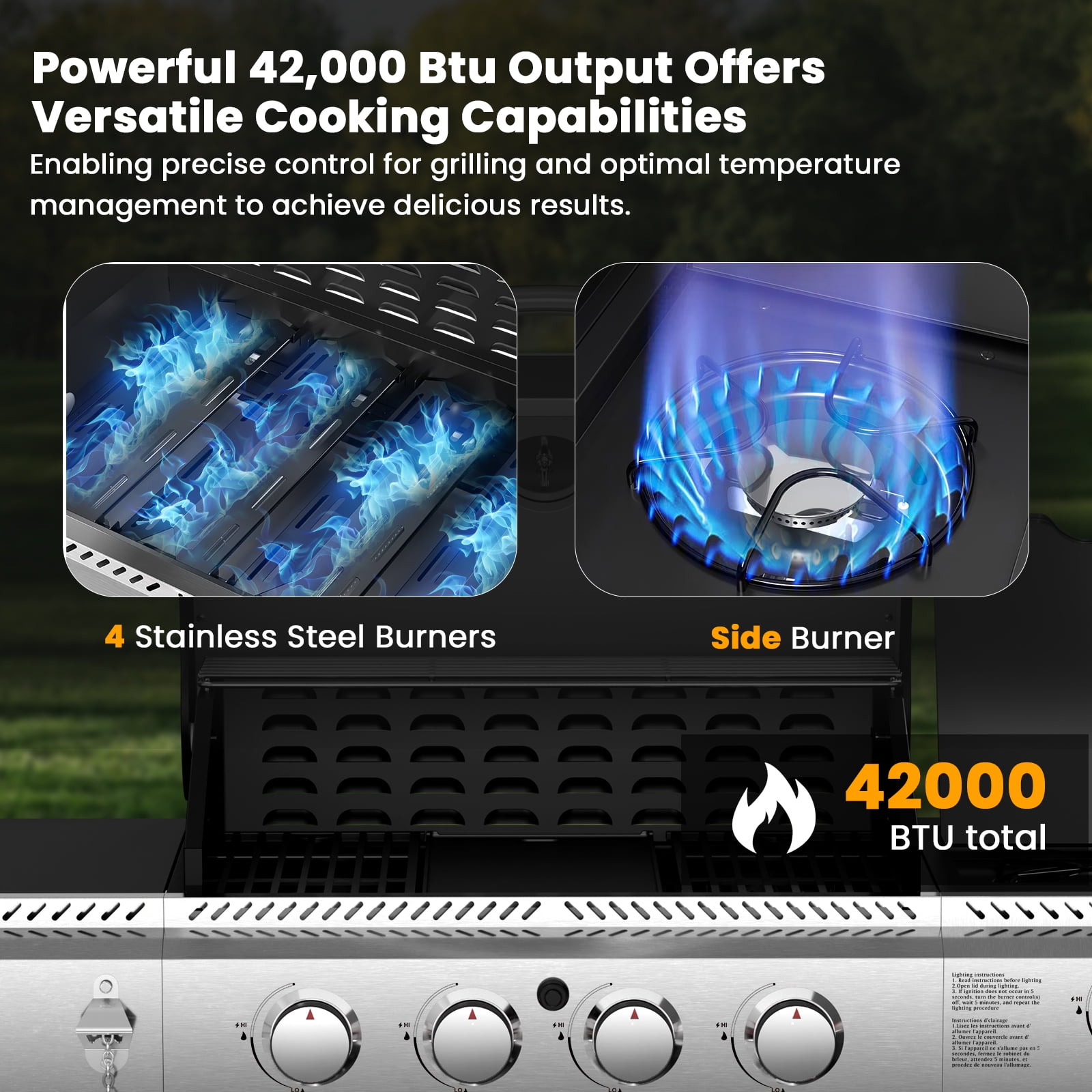 4-Burner Propane Gas BBQ Grill with Side Burner, Porcelain-Enameled Cast Iron Grates, and Baking Pan (42,000 BTU). Ideal for Outdoor Cooking and Patio Barbecues.