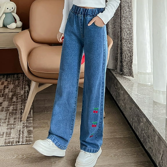 CPNG Teen Girl's Jeans Wide Leg High Waist Denim Pants Cute Cherry Embroidered Elastic Straight Trousers with Pockets Trendy Preppy Y2k Streetwear