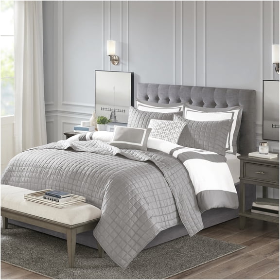 JERFIT Grey King Size 8-Piece Bedding Set, All-Season Hotel Luxury Comforter & Quilt Set with Shams & Decorative Pillows