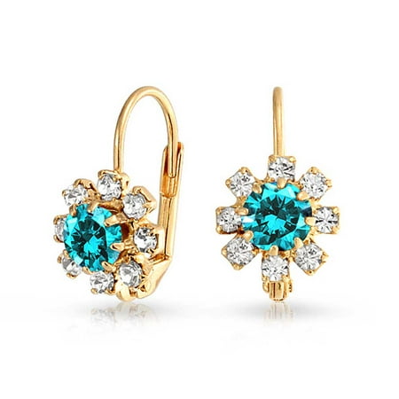 - Simulated Aquamarine Flower Leverback Earrings Gold Filled