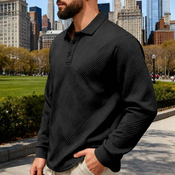 Blusa y camisa de manga larga con cuello vuelto para hombre, color liso, informal, con botones, cárdigan de media manga, top de solapa de manga larga, blusas de poliéster para hombre