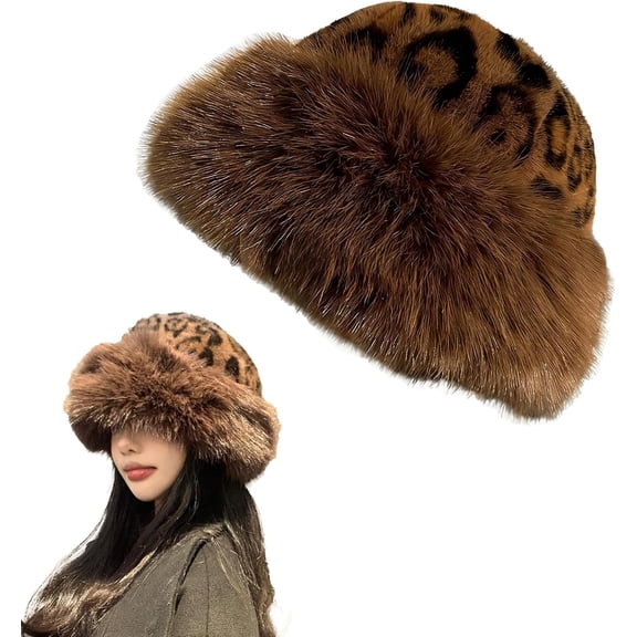 Faux Fur Bucket Hat, Cozy Fluffy Wide Brim Winter Hat for Women with Matching Scarf, Fuzzy Fashion Bucket Cap for Girls Women (Leopard print)