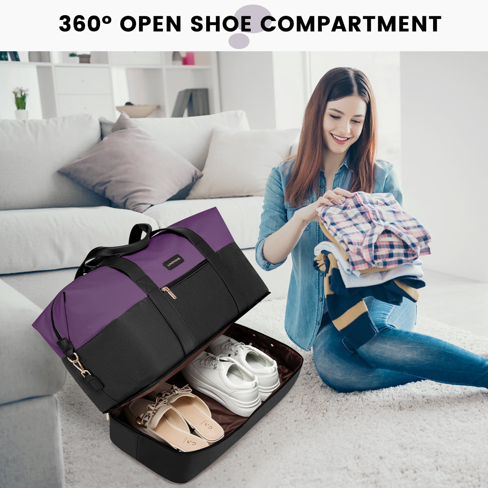 Lovevook Travel Duffel Bag for Women, Large Weekender Overnight Bag, Carry-on Gym Bag with Separate Shoes Compartment, Mom Hospital Bags for Labor and Delivery with 2 Packing Cubes