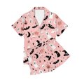 thumbnail image 5 of Satin Pajamas for Womens Halloween Cute Silk Sleepwear Short Sleeve Collared Shirts Shorts Casual Two Piece Pjs Set Pink, XXL, 5 of 6