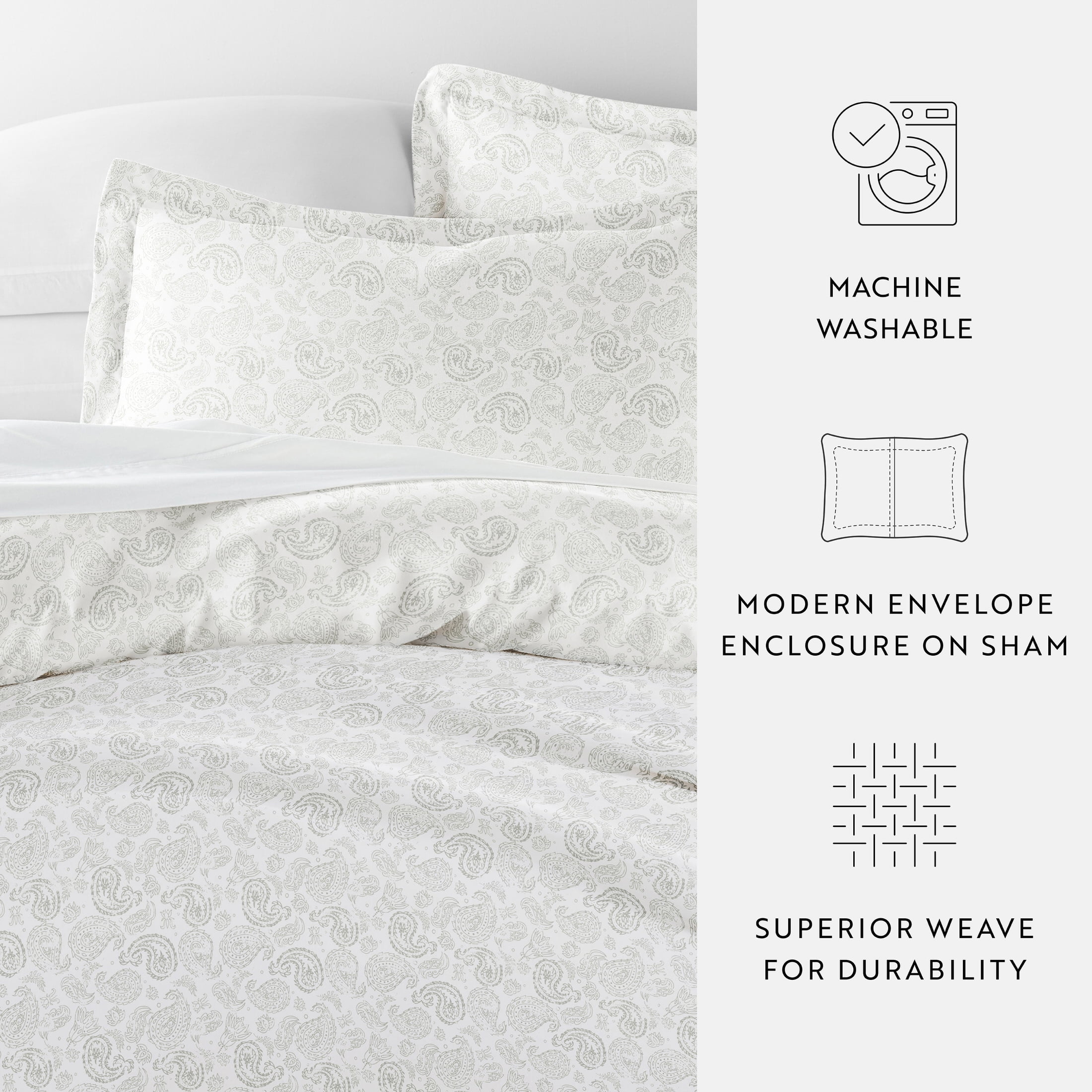 Noble Linens Light Gray Coarse Paisley Print Duvet Set 3-Piece Duvet Cover Set, Full/Queen