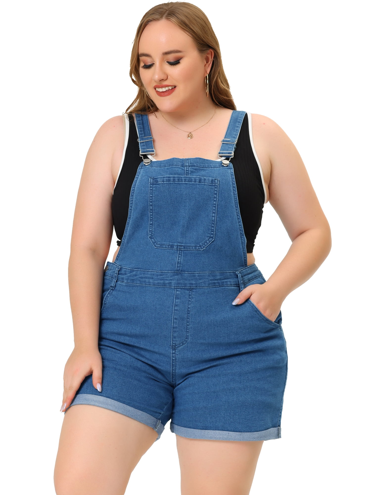 DARING DIVA Women's Plus Size Jumpsuit Roll Hem Pocket Denim Overalls 6X Denim Blue