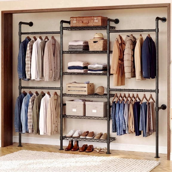 ROGALIS H3 Wall Mounted Clothes Rack, Industrial Pipe Closet Organizers System with 4 Telescopic Rod & 6 Shelves