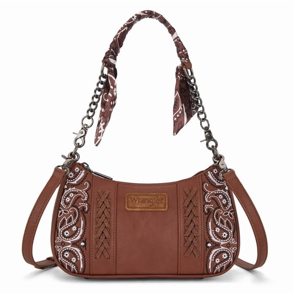Wrangler Shoulder Bag for Women Western Purse with Bandana Handle and Removable Crossbody Strap,Brown