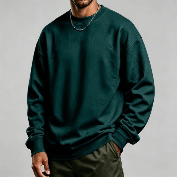Basic Crew Neck Sweatshirt for Men, Long Sleeve Drop Shoulder Solid Color Pullover, Fall Regular Fit Casual Streetwear Top Green M