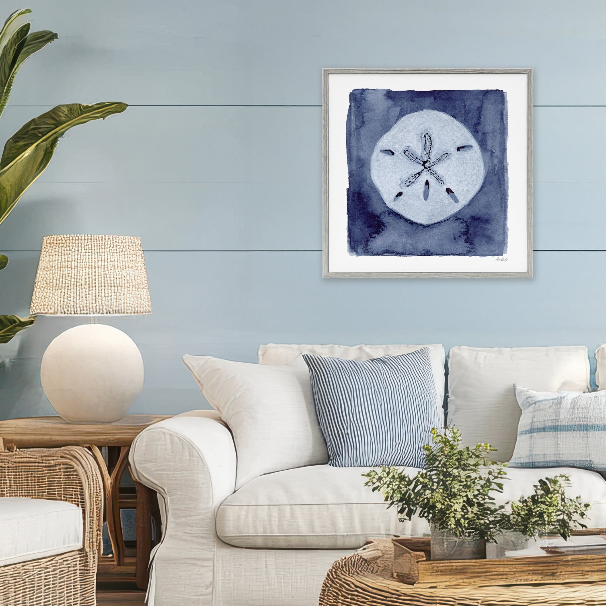 Stupell Industries White Sand Dollar on Indigo Gray Framed Giclee Art, design by Patti Bishop