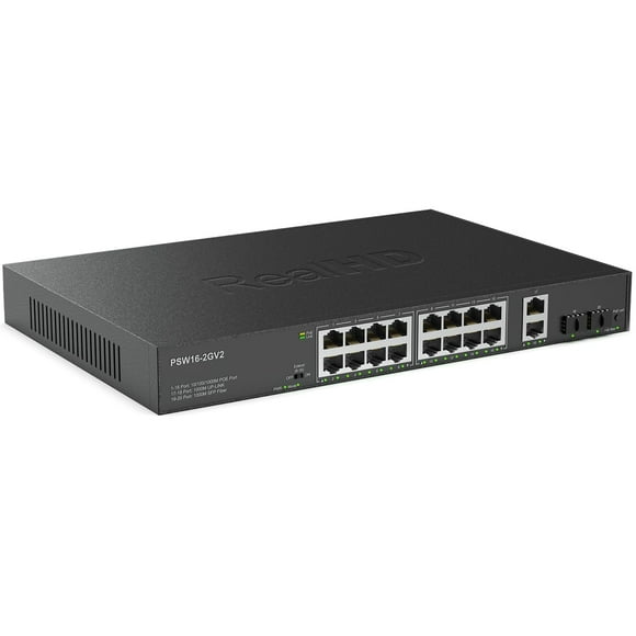 16 Port Full Gigabit PoE Switch with 2 *Gigabit SFP Ports & RJ45 Ports, Unmanaged Plug and Play, High Power Total Budget 300W, 802.3af/at Compliant,
