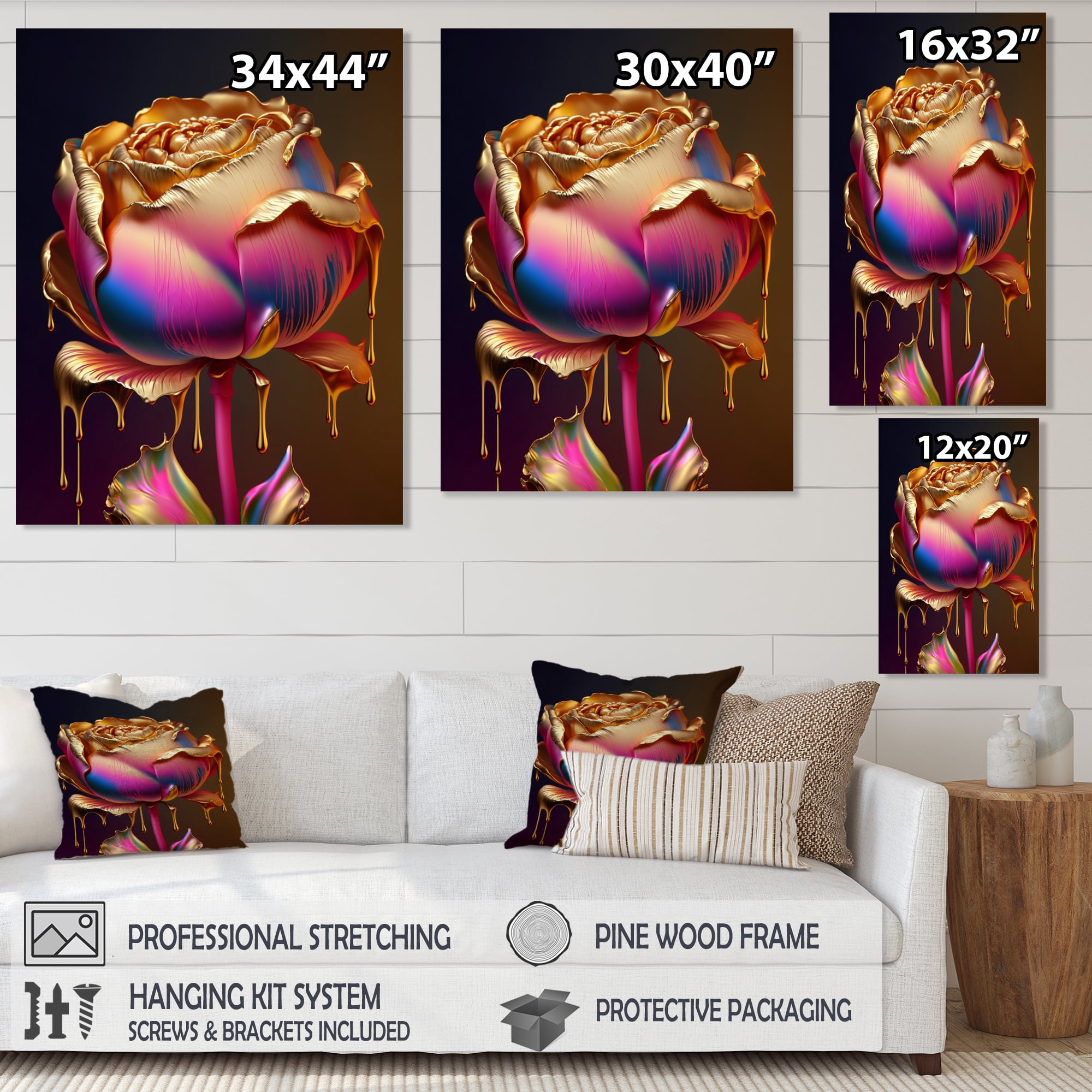 Designart Rainbow Peony Liquid Gold Drips Hyper III Canvas Wall Art