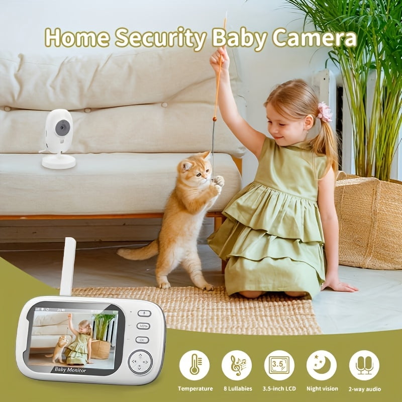 3.5" LCD Baby Monitor, 1296P HD, Auto Night Vision, VOX Mode, Two-Way Audio, Cry Detection, Temp Sensor, 8 Lullabies, Wireless USB-Powered
