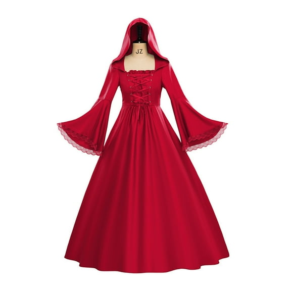 Gothic Hooded Maxi Dress with Renaissance Belt Medieval Witch Skirt Victorian Dress for Women