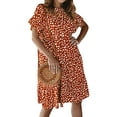 thumbnail image 3 of Femmes Polka Dot Taille Haute Boutons de Fermeture Col Rond Volants Manches Courtes Midi Robe, 3 of 7