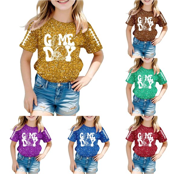 LIIPEE Casual Glitter Letter Sequins Graphic Tees For Girls Short Sleeve Crew Neck T Shirts Kids Summer Cute Breathable Everyday Tshirt,4-5 Years
