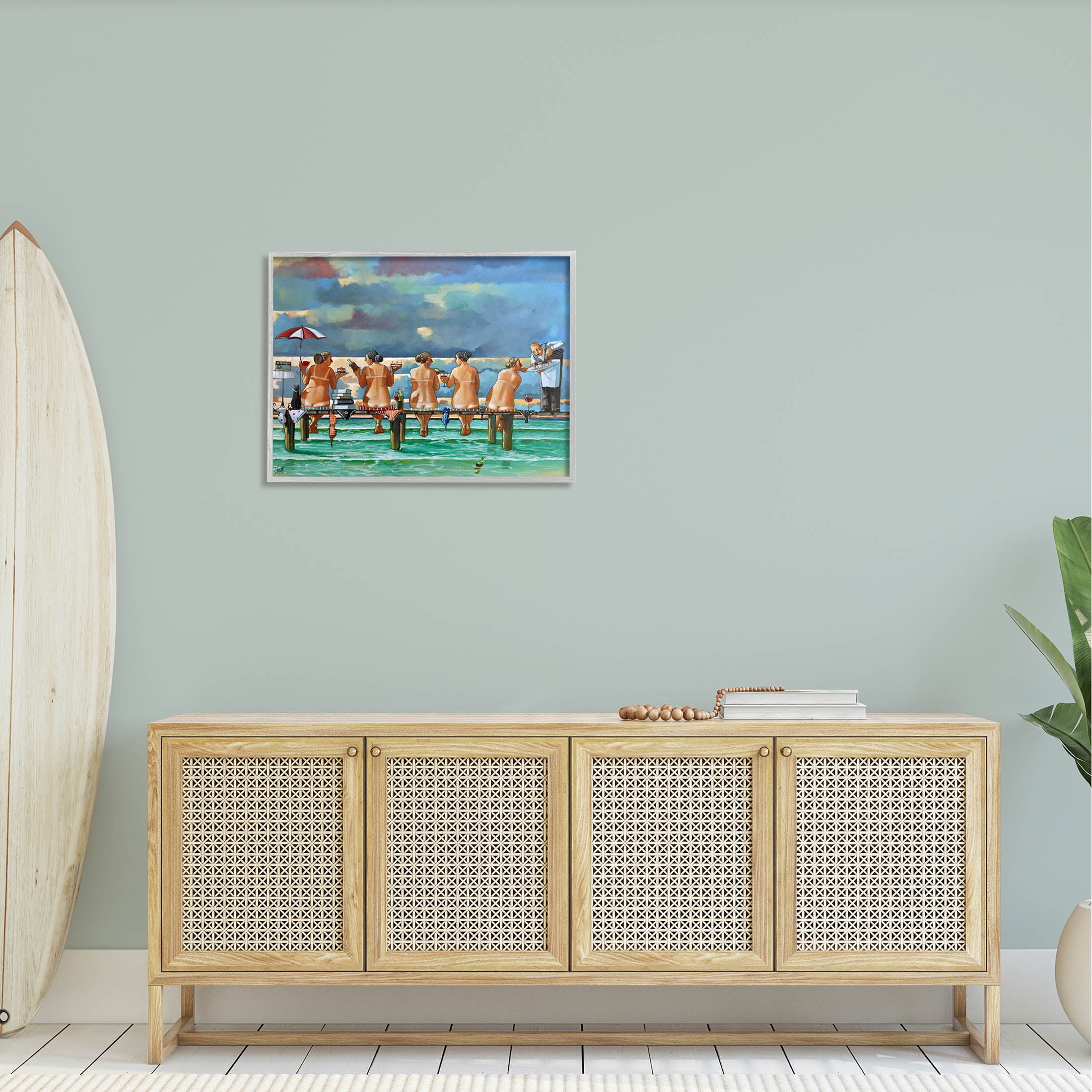 Beach Dock Women Summer Fun Coastal Painting Gray Framed Art Print Wall Art