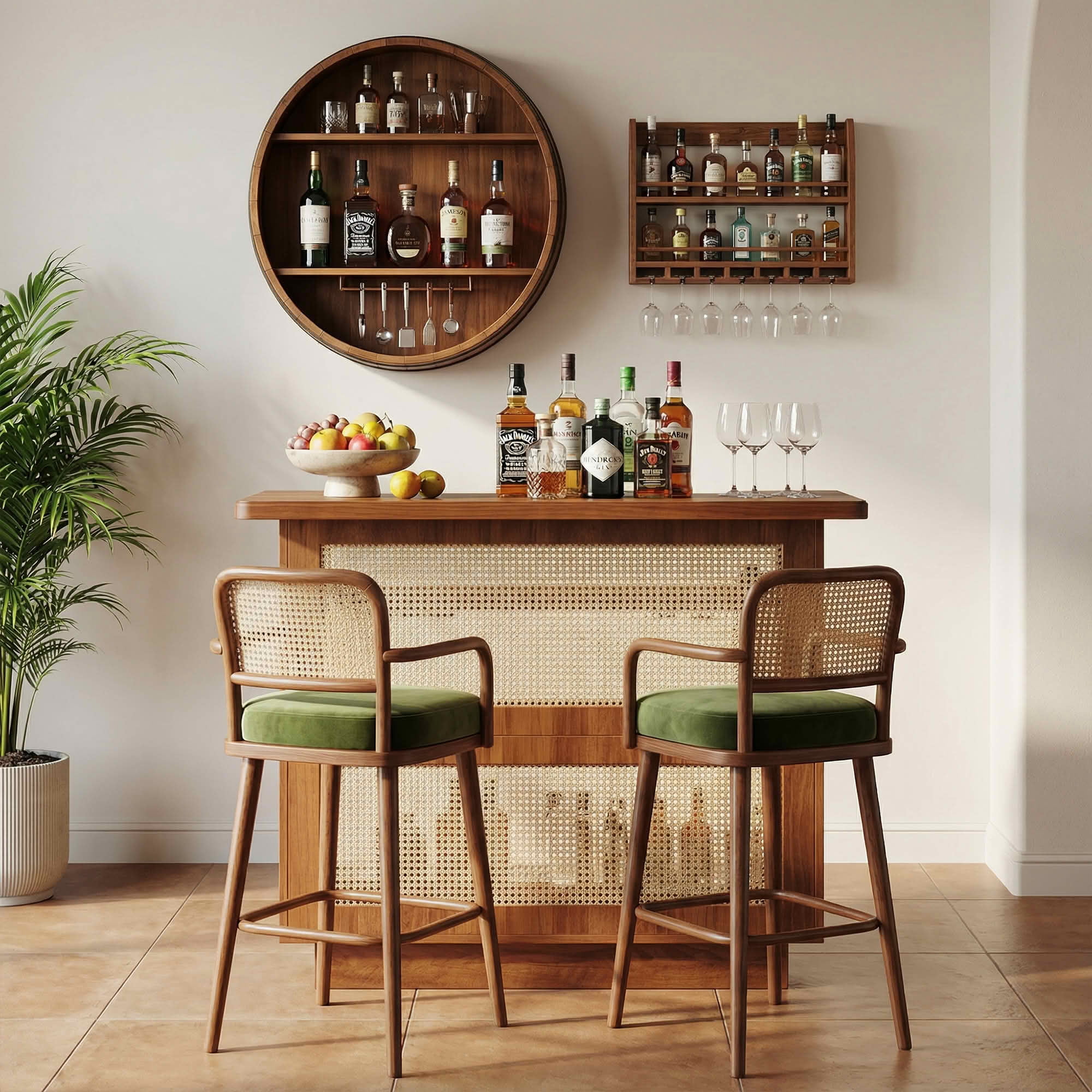 MAYEERTY Rattan Home Bar Unit, 4 Tier Liquor Wine Bar Cabinet with Stemware Racks, Farmhouse Brown Beverage Storage Cabinet for Living Room Basement