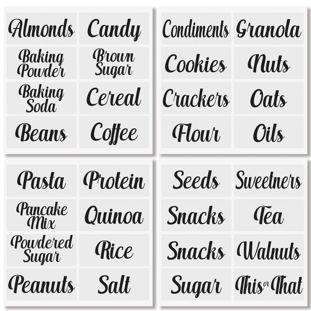 mDesign Home Organization Labels - Preprinted Label Stickers for Kitchen Pantry Storage and Cleaning - Household Organizing for Jars, Canisters, Containers, Boxes, or Bins - 32 Count - Clear/Black