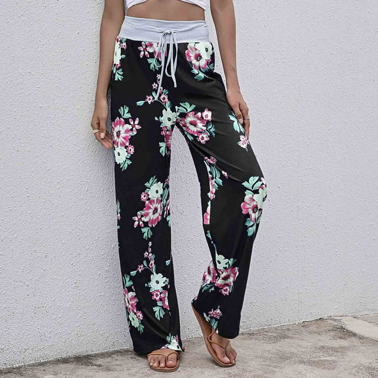 Wide-leg Pants - Black/floral - Ladies