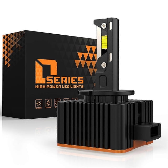1pair/110w high quality v31 led for new d series car led headlight bulb 10000lm 6500k d1/d1s 3-coppe — Front-facing view of a black metal D1/D1S LED headlight bulb with vertical LED chips on the slim neck, ribbed rectangular heat-sink base with orange trim and an integrated black plug socket; retail box with orange/black D Series branding visible behind. Often used as a direct plug-and-play replacement for automotive headlight housings and suitable for bench testing.