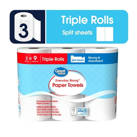 Great Value Paper Towels Discount Great Value Everyday Strong Paper Towels, Split Sheets, 3 Triple Rolls
