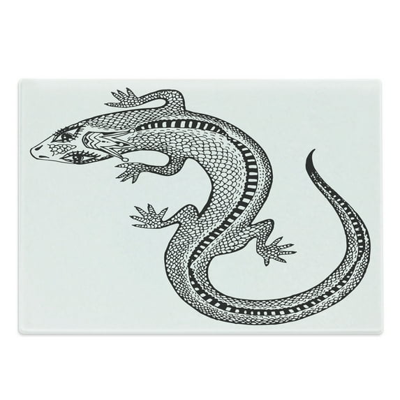 Salamander Cutting Board, Close Shot Illustration of a Detailed Exotic Lizard in a Crown, Decorative Tempered Glass Cutting and Serving Board, in 3 Sizes, by Ambesonne