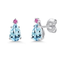 Gem Stone King 14K White Gold Sky Blue Topaz and Pink Created Sapphire Stud Earrings for Women | 1.04 Cttw | Gemstone November Birthstone | Pear Shape 6X4MM