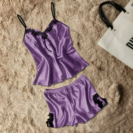 Usdian Lace Lingerie & Nightwear Women Lace Casual Sleeveless Vest Shirt Top Blouse Shorts Pants 2PCS Set Lingerie Sets Camisole