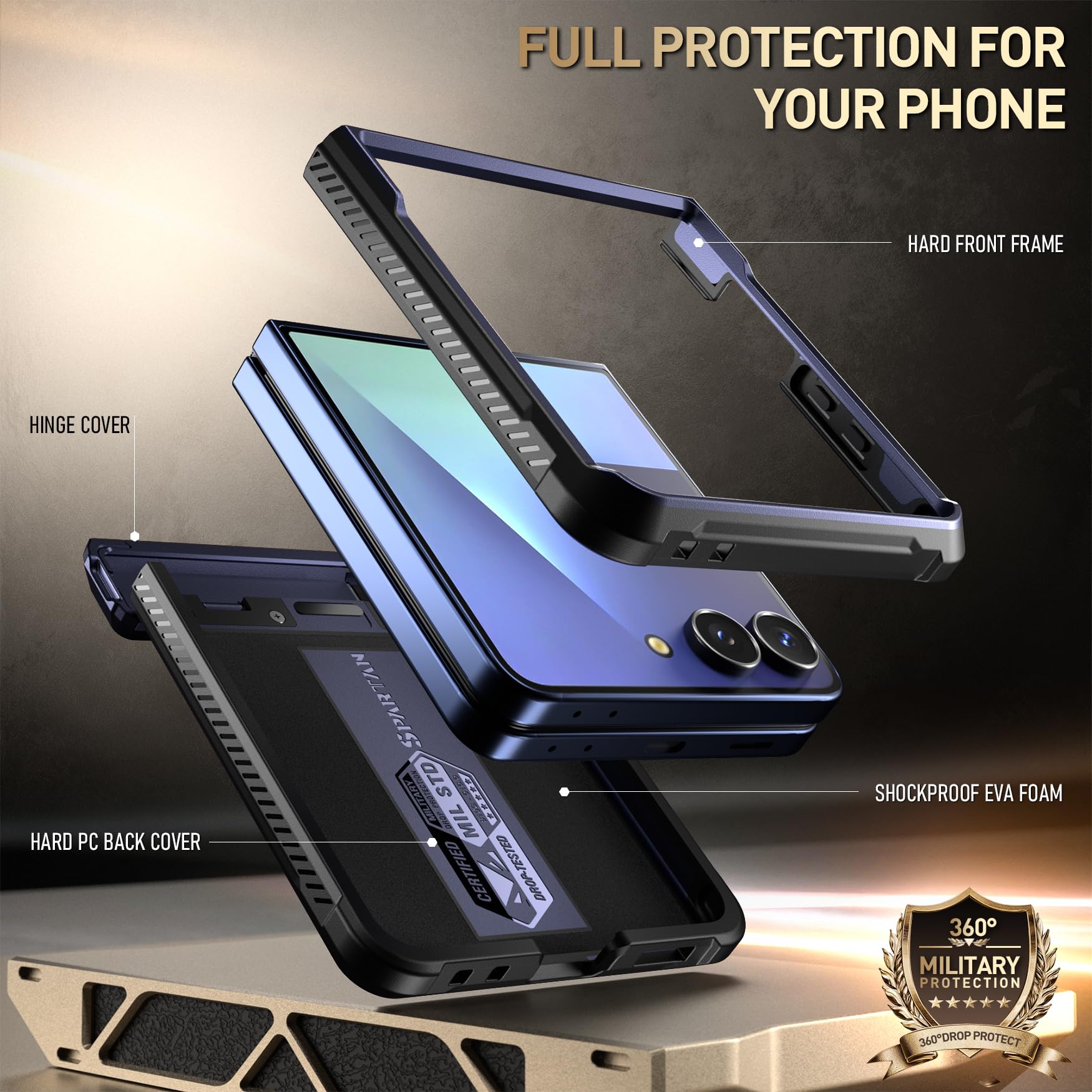 Poetic Spartan for Samsung Galaxy Z Flip 7 Case, [Kickstand] [Hinge Protection] [20FT Mil-Grade Drop Tested], Full-Body Rugged Shockproof Protective Phone Cover for Galaxy Z Flip7, Midnight Blue