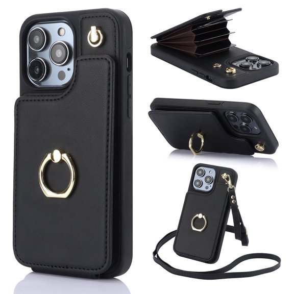 Allytech Wallet Case for iPhone 13, Luxury PU Leather Ring Kickstand Cover with Card Holder & Shoulder Strap, Fashion Accordion Style Shockproof Anti-Drop Phone Case - Black