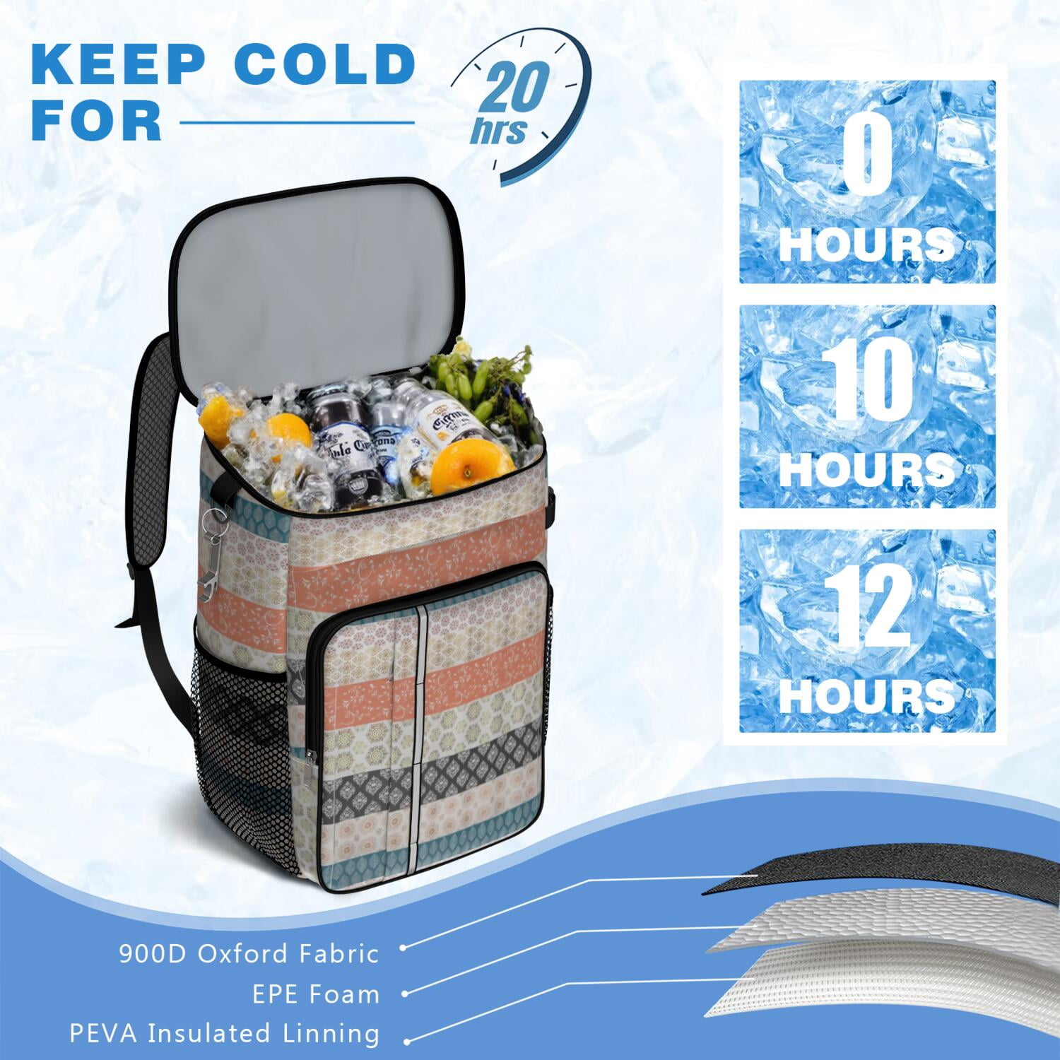 Travel Cooler Bag - Boho Bohemia Pioneer Flower Geometric Line Art Camping Beer Cooler Backpack with Bottle Opener- Waterproof Insulated Picnic Backpacks - Cooler Bag for Beach