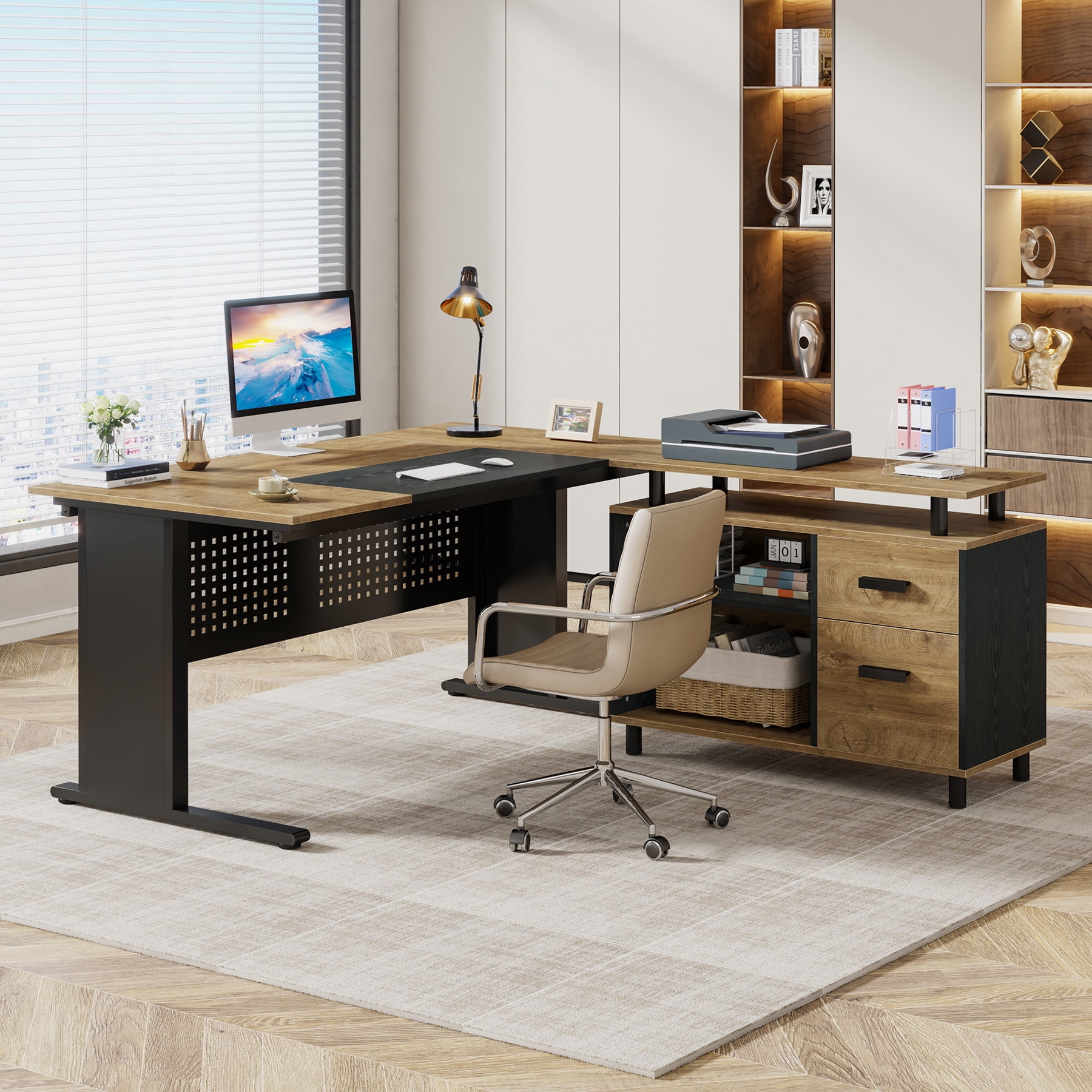 Finmind 63" L-Shaped Executive Desk with File Cabinet, Large Office Computer Desk with Drawers and Shelves, for Home Office, Light Brown and Black