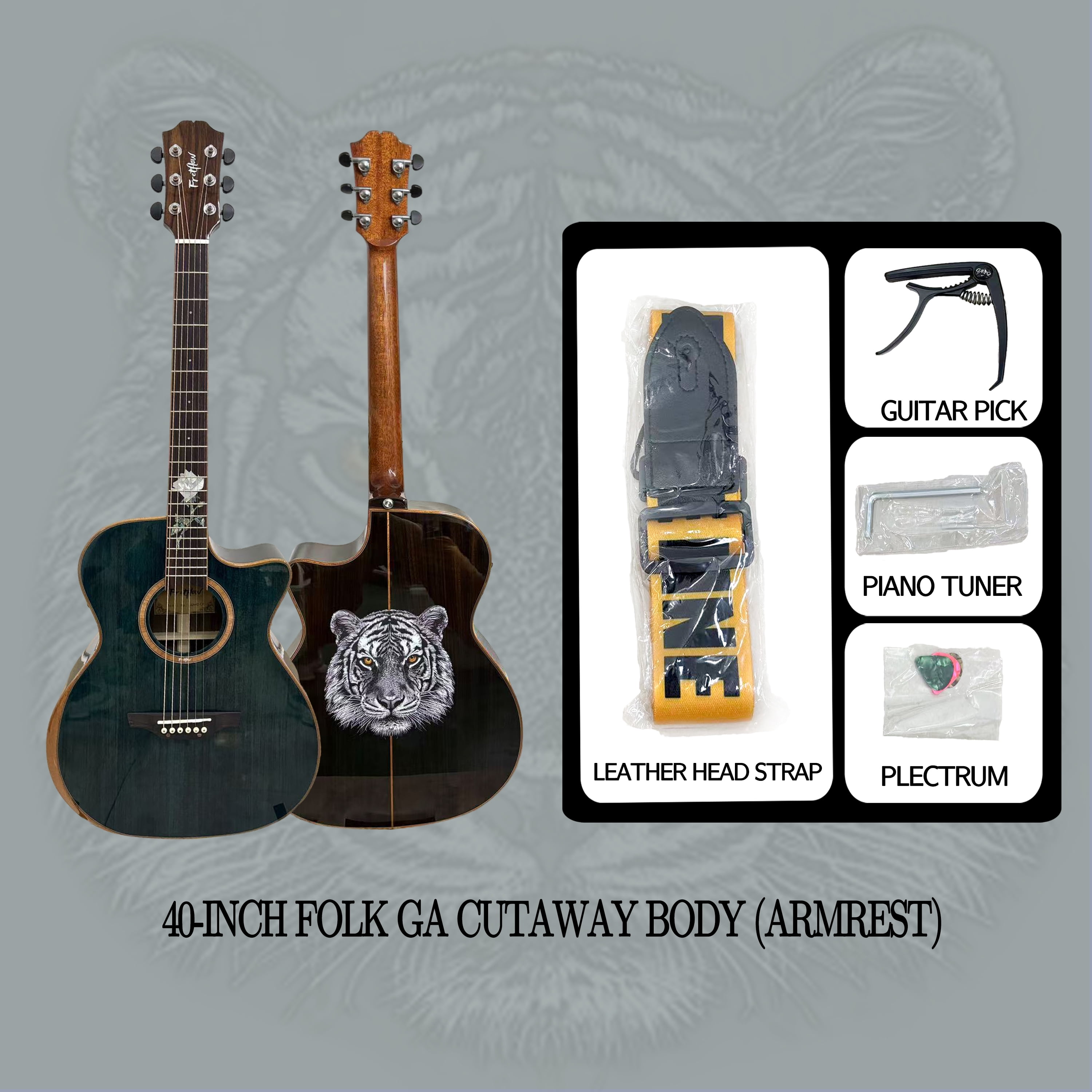 40 Inch GA Cutaway Acoustic Guitar with Pickup - Solid Spruce Top, Rosewood Laminated Back/Sides, Transparent Blue Finish & Genuine Shell Rose Inlay