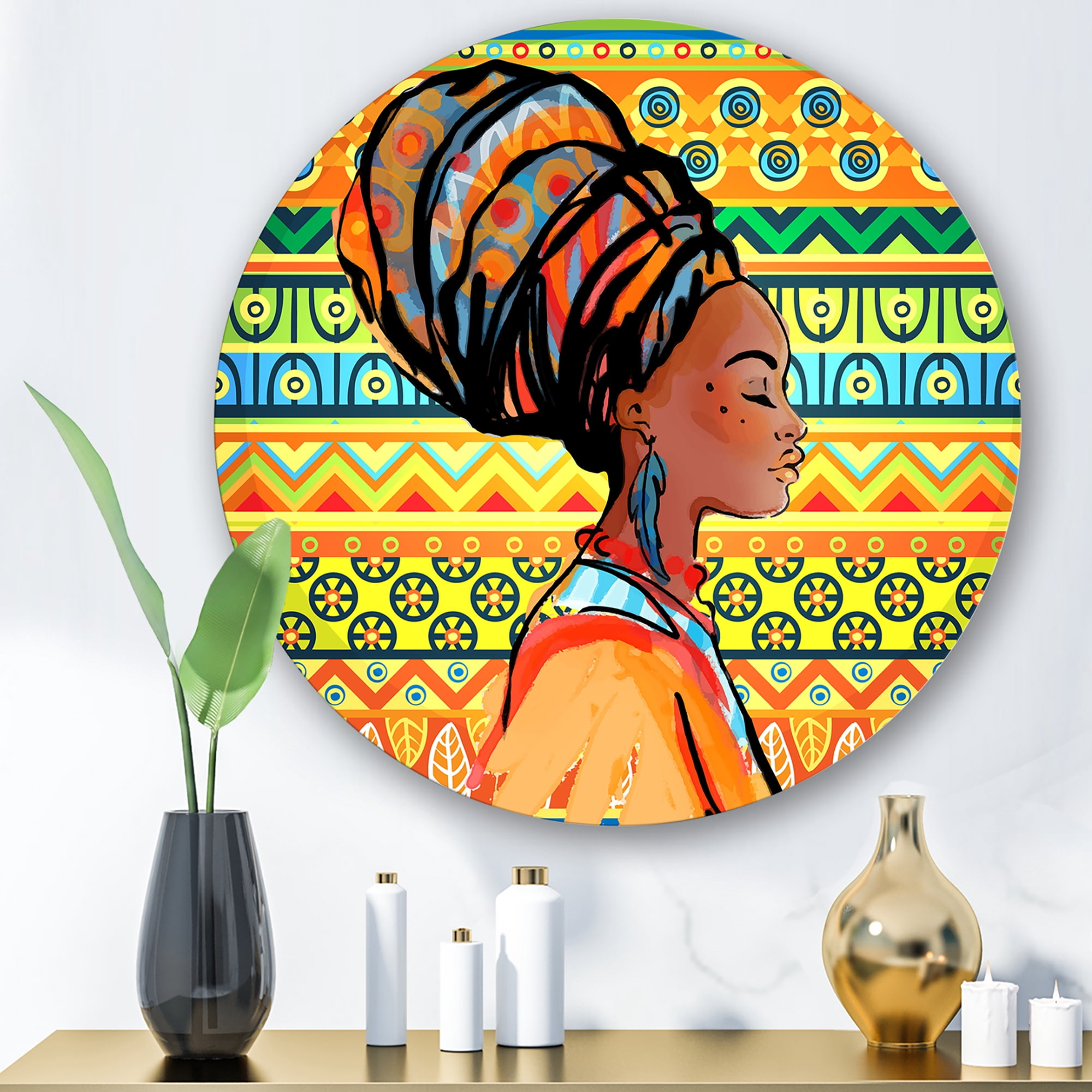 Designart 'African American Woman Portrait with Turban III' Modern Circle Metal Wall Art 11x11 - Disc of 11