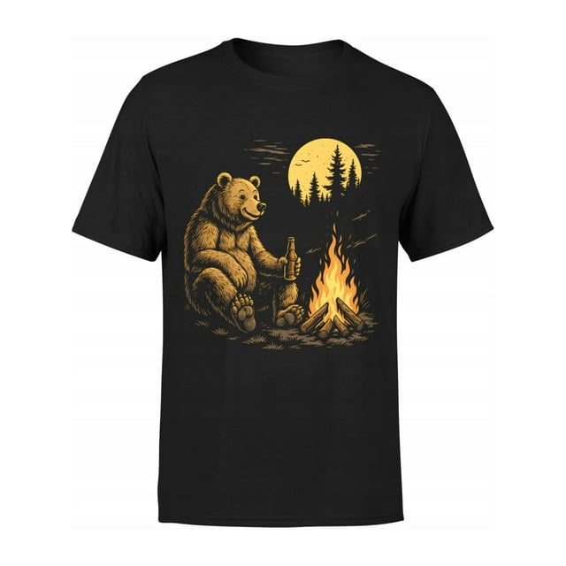 Camiseta gráfica para hombre, 100 % algodón, 180 g, con un divertido oso grizzly bebiendo cerveza junto a una fogata. Manga corta negra, informal, ideal para senderismo, acampada y aventuras al aire l