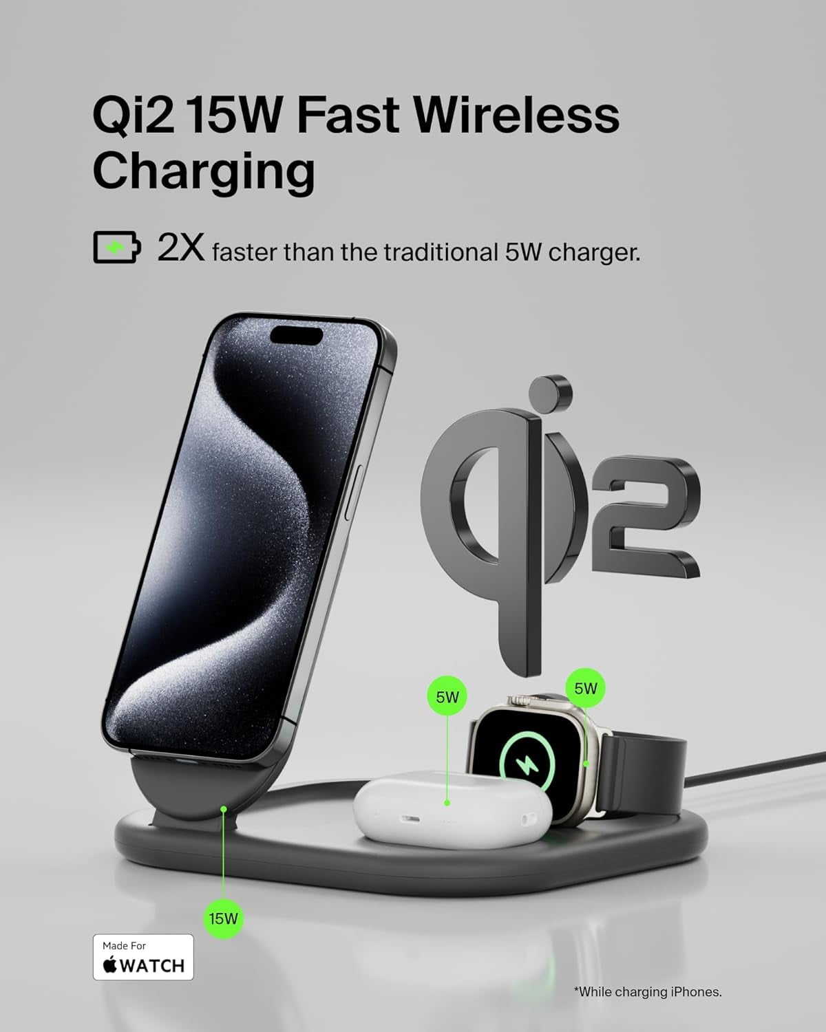 Belkin MagSafe-Compatible iPhone Charger - 3-in-1 Magnetic Foldable Charger 15W - Qi2-Certified Wireless Charging Station for iPhone 16, Apple Watch, AirPods w/Non-Slip Base, PSU Included - Black