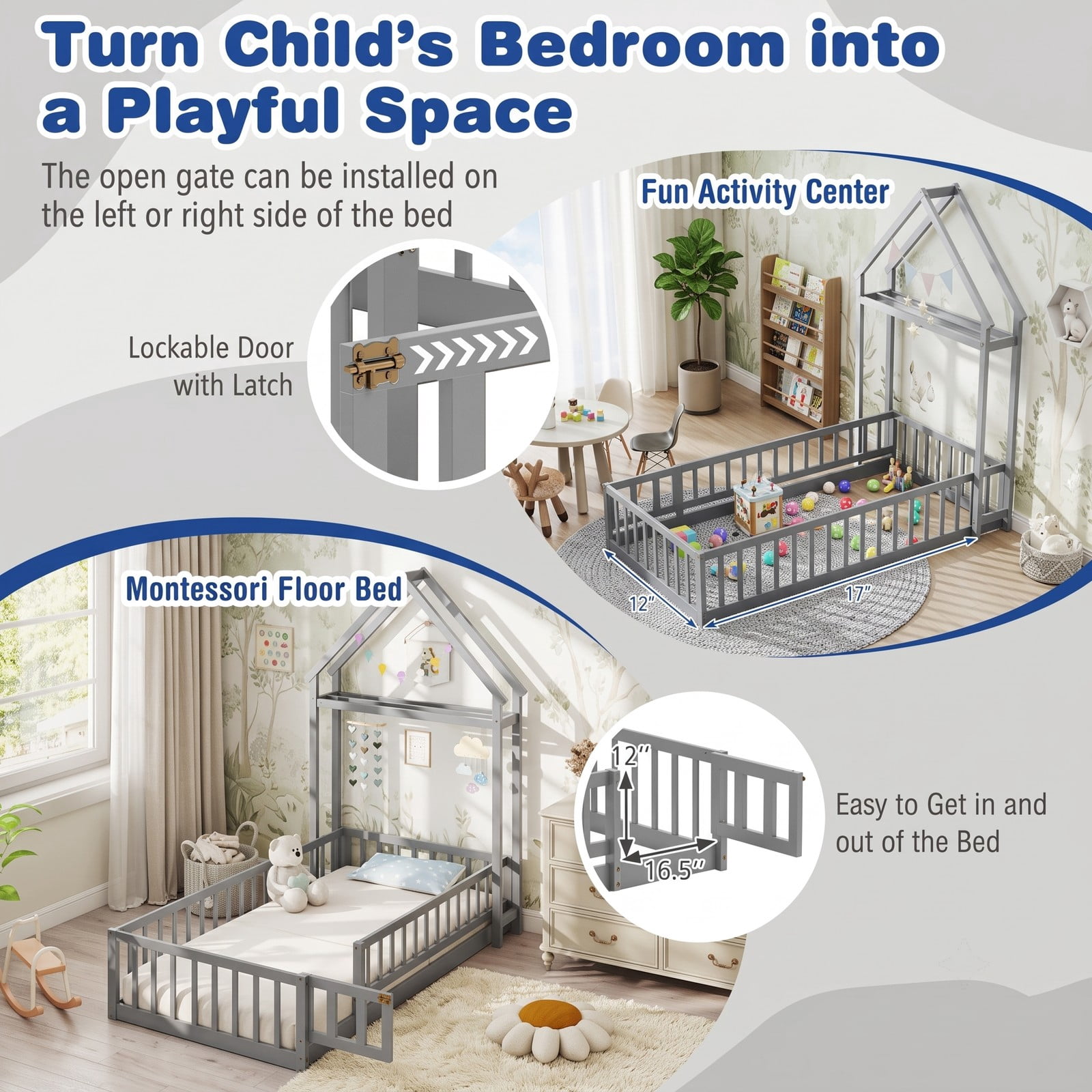 Furnibear Full Size House Floor Bed, Montessori Floor Bed with House-Shaped Frame and Full-Length Fence Guardrails for Kids Room, Gray