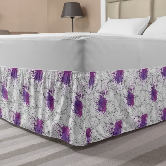 Geometric Bed Skirt, Modern Art Polygons and Watercolor Splashes, Elastic Bedskirt Dust Ruffle Wrap Around for Bedding Decor, 4 Sizes, Fuchsia Blue Violet, by Ambesonne