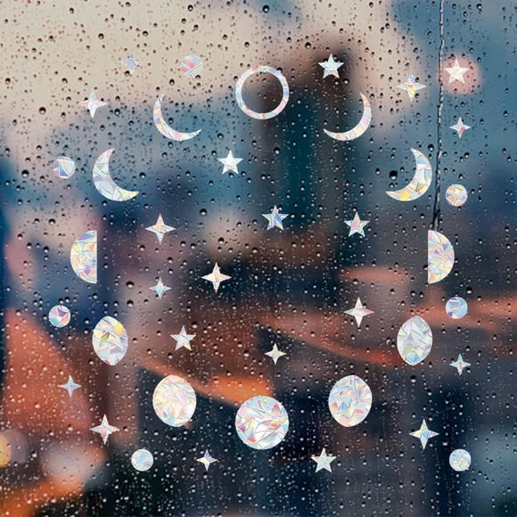 INFUNLY 34PCS Moon Star Rainbow Glass Decals - Anti Collision Window Alert Prism Decals - Non Adhesive Prism Rainbow Window Clings